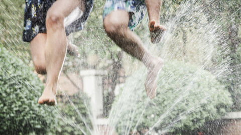 Kids running through sprinklers