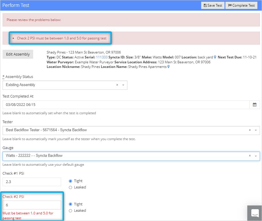 Example of test validation error on Perform Test page.