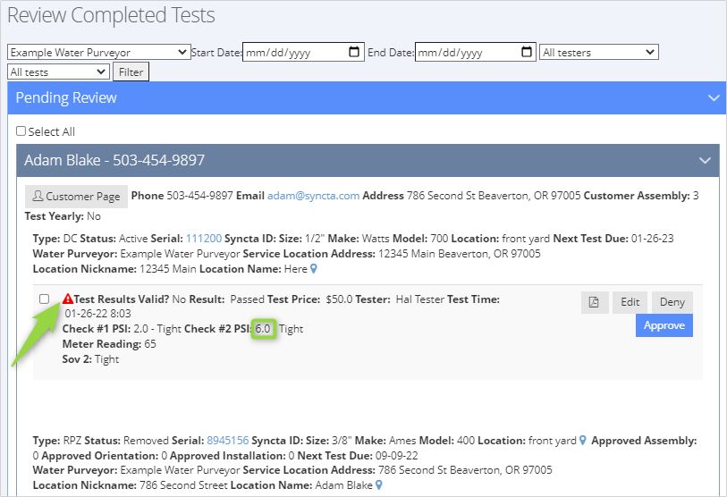 Example of invalid test results on Review Tests Page