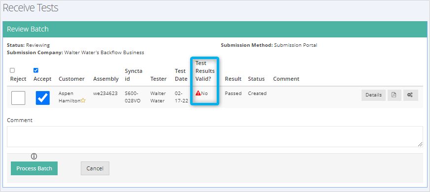 Example of invalid test results on the Review Batch page.